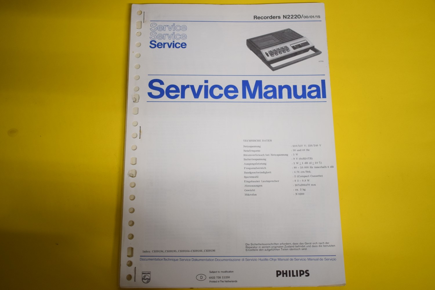 Philips N2220 Kassettendeck Service Anleitung – Deutsch