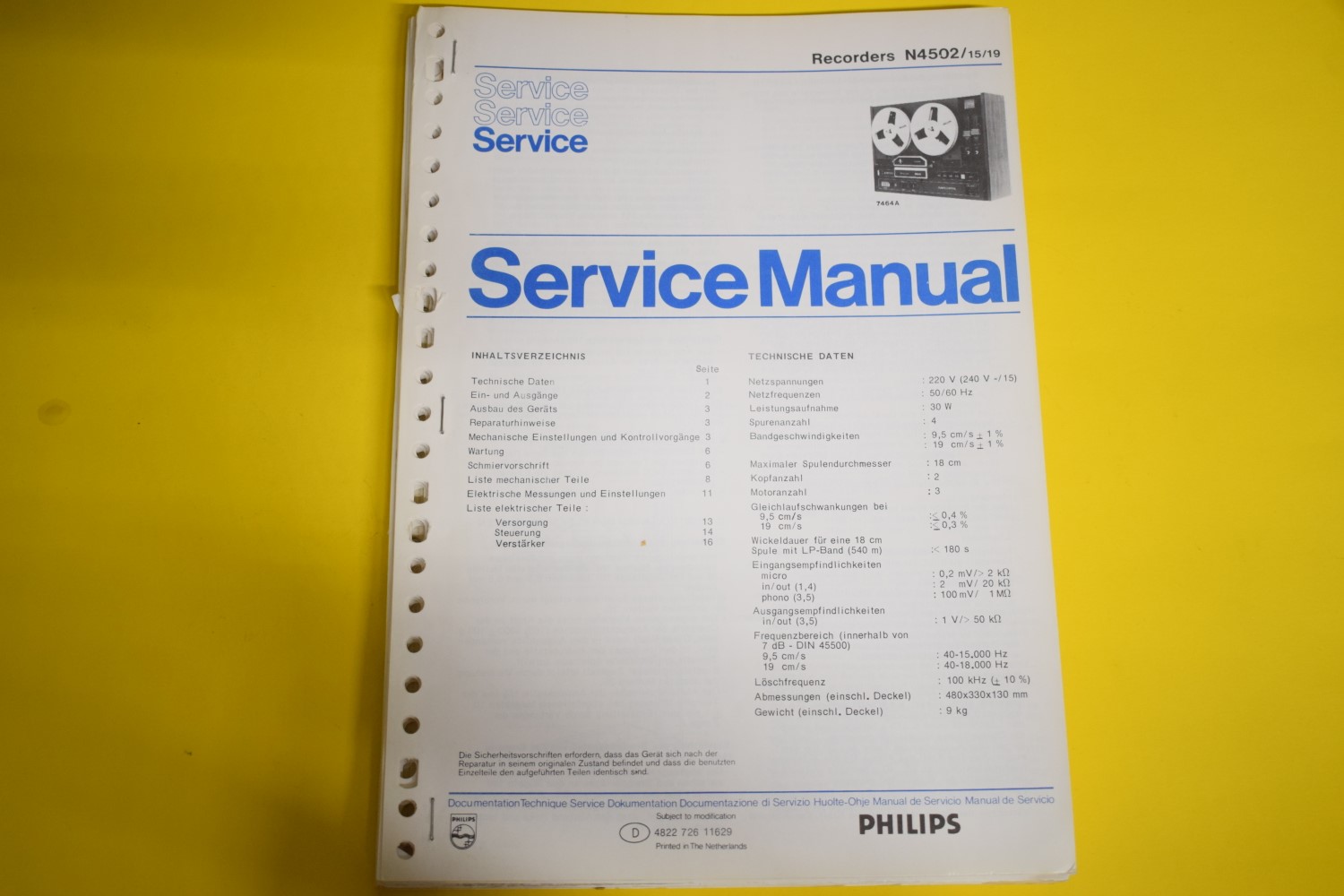 Philips N4502 Tonbandgerät Service Anleitung – Deutsch