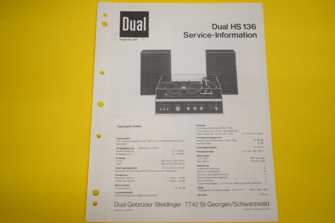 Dual HS 136 Plattenspieler / Verstärker / Lautsprecher Service Manual