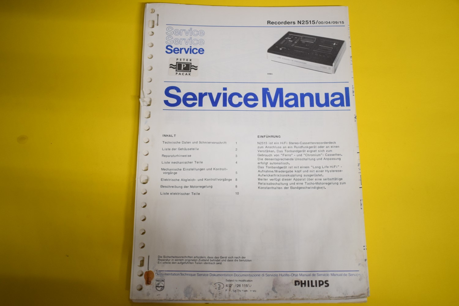 Philips N2515 Kassettendeck Service Anleitung – Deutsch