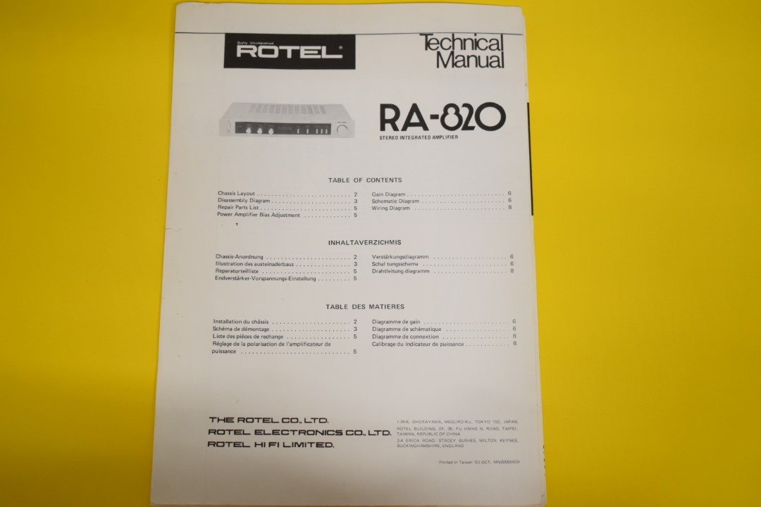 Rotel RA-820 Stereo Verstärker Service Anleitung