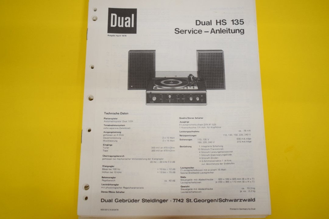 Dual HS 135 Plattenspieler / Verstärker / Lautsprecher Service Manual