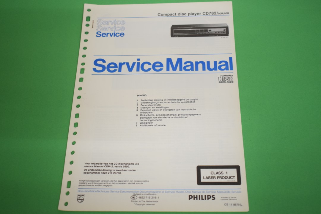 Philips CD782 CD-Spieler Model 00R/05R  (Niederländisch) Service Anleitung