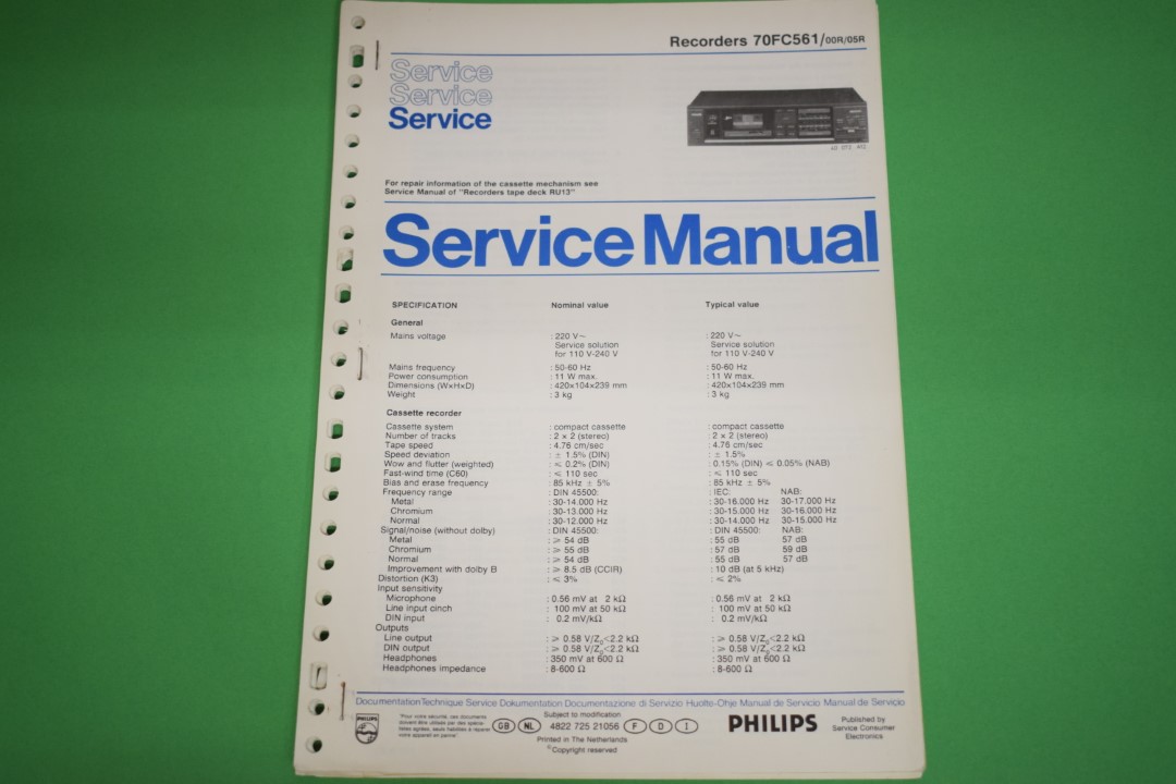 Philips 70FC561 Kassettendeck Service Anleitung