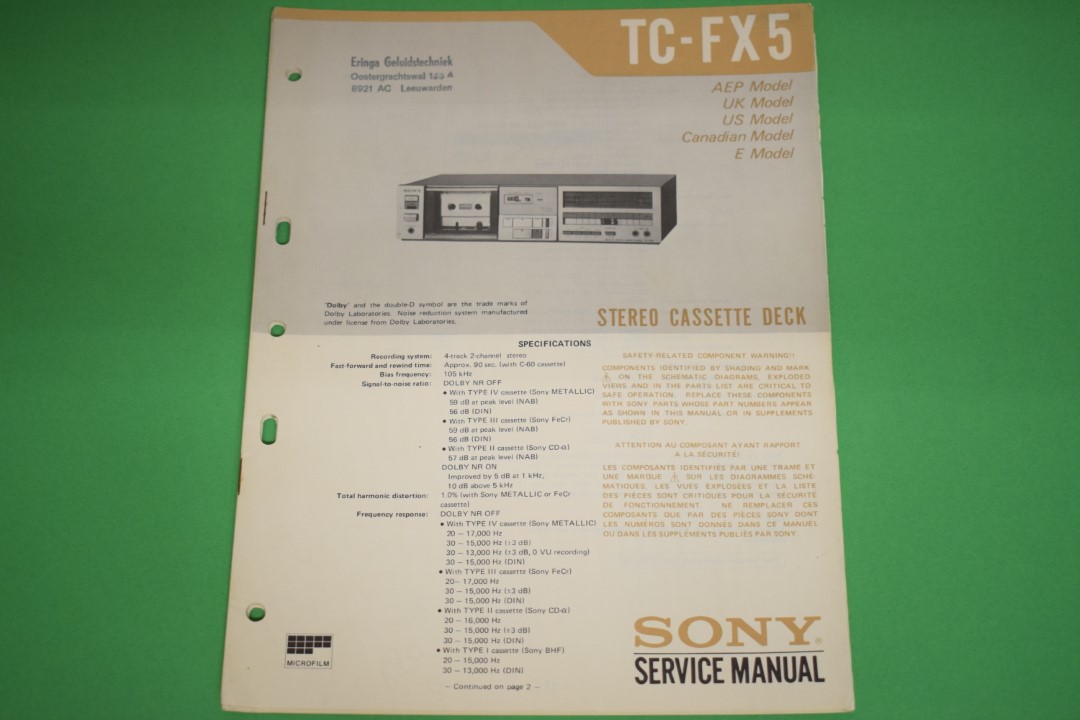 Sony TC-FX5 Kassettendeck Service Anleitung