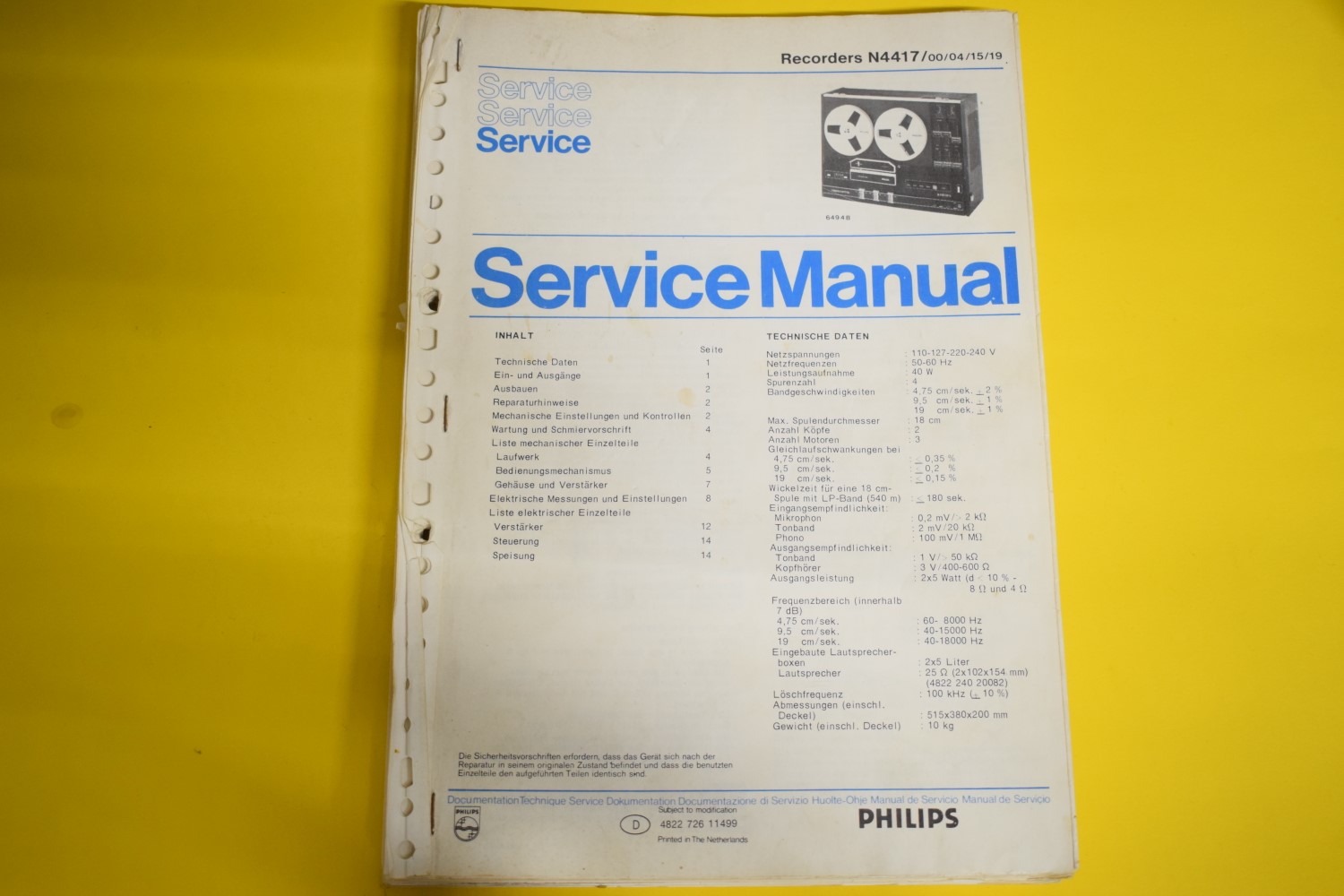 Philips N4417 Tonbandgerät Service Anleitung – Deutsch