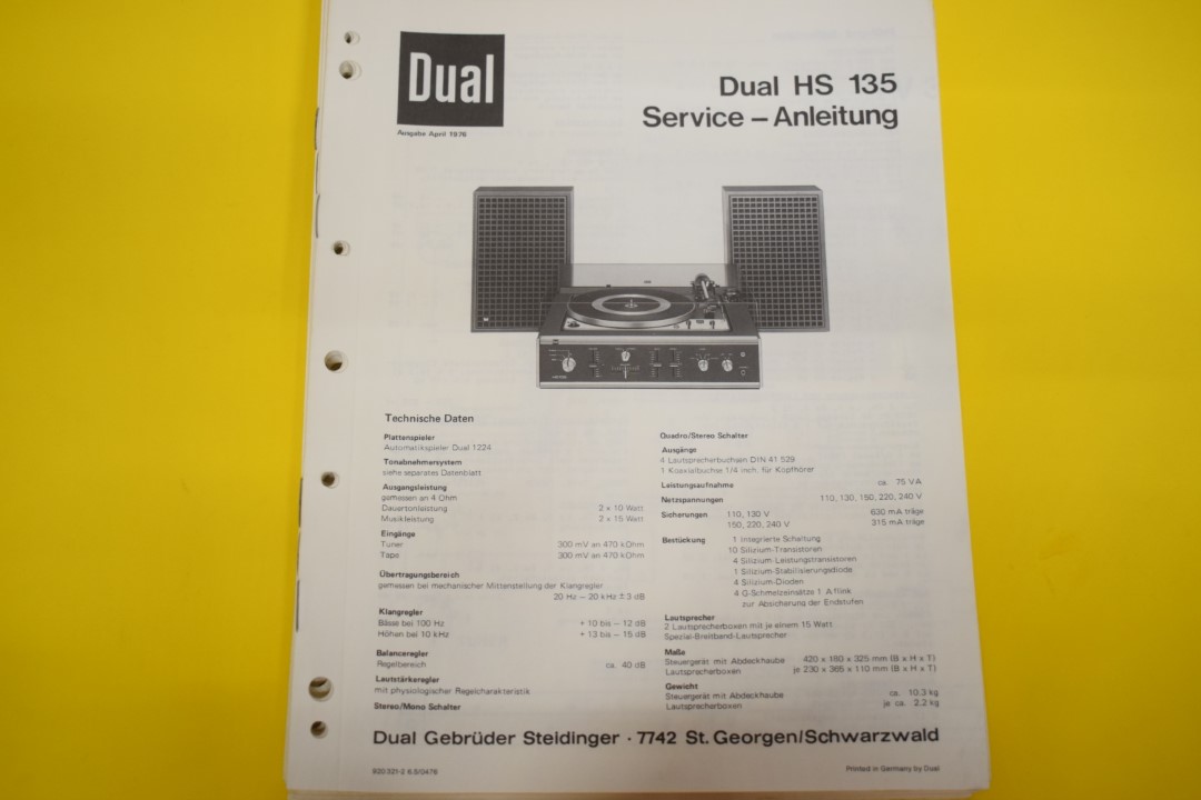 Dual HS 135 Plattenspieler / Verstärker / Lautsprecher Service Manual