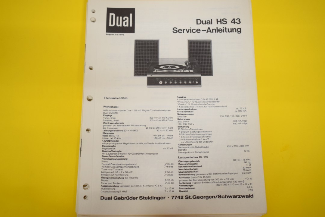 Dual HS 43 Plattenspieler / Verstärker / Lautsprecher Service Manual