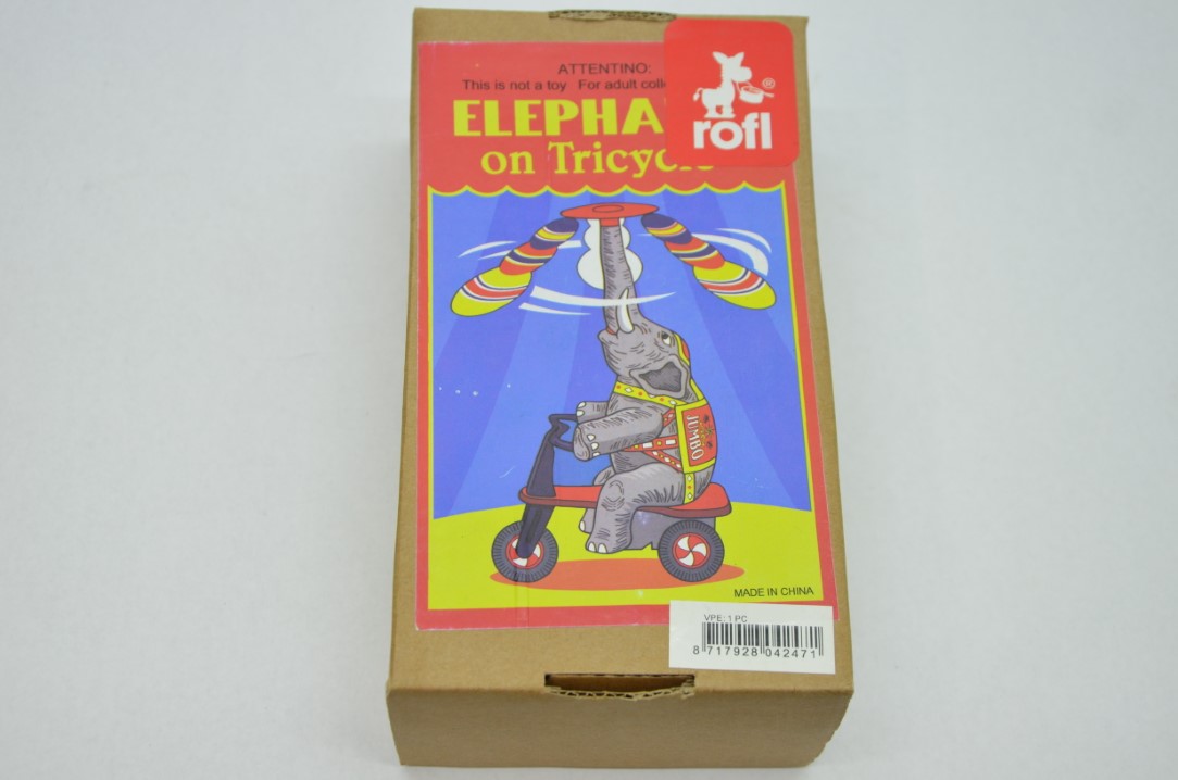 Zinn Blechspielzeug: Elefant auf ein Fahrrad – in Schachtel