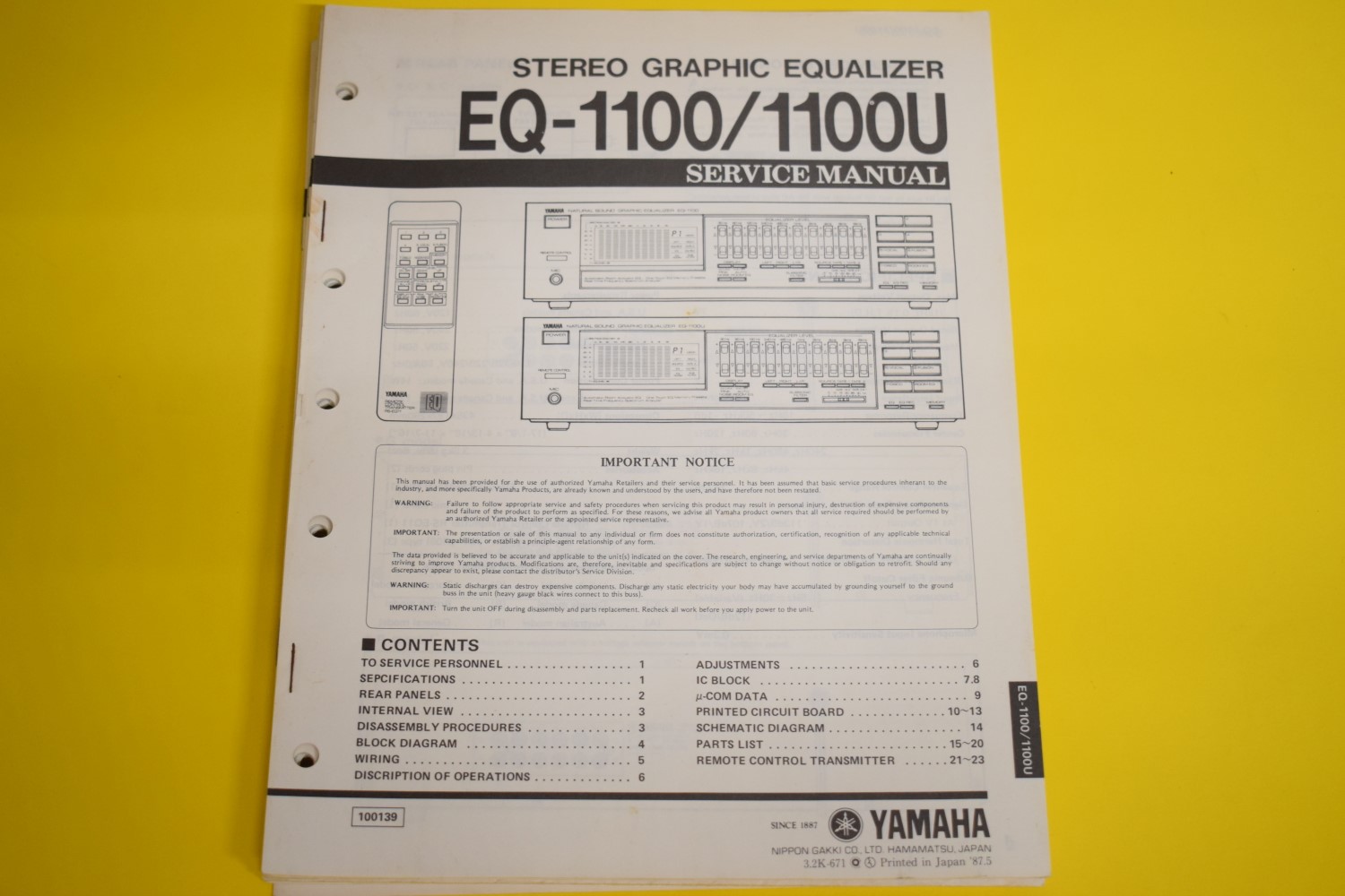 Yamaha EQ-1100/EQ-1100U Equalizer Service Anleitung