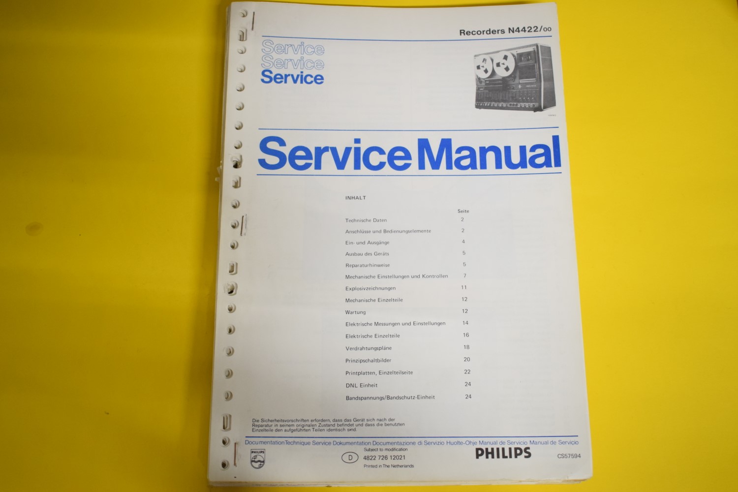 Philips N4422 Tonbandgerät Service Anleitung – Deutsch