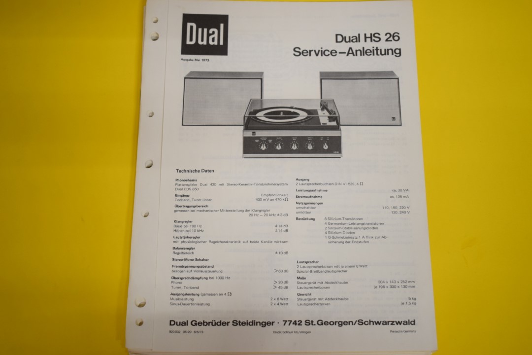 Dual HS 26 Plattenspieler / Verstärker / Lautsprecher Service Manual