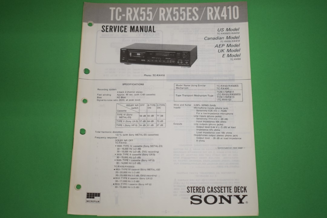 Sony TC-RX55 / RX55ES / RX410 Kassettendeck Service Anleitung