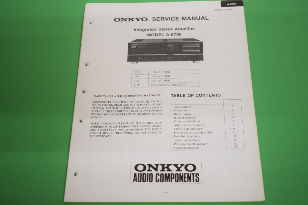 Onkyo A-8700 Stereo Verstärker Service Anleitung